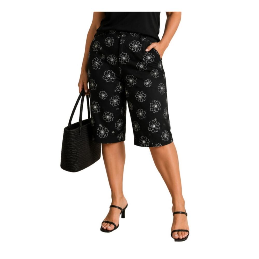 Studio Works Floral Gaucho Capri Pants Black White Petite 16 Wide Leg